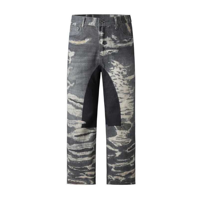 JK965 American heavy denim jeans mens tide loose street wide-leg retro splicing hip-hop straight tube W250701 W250701