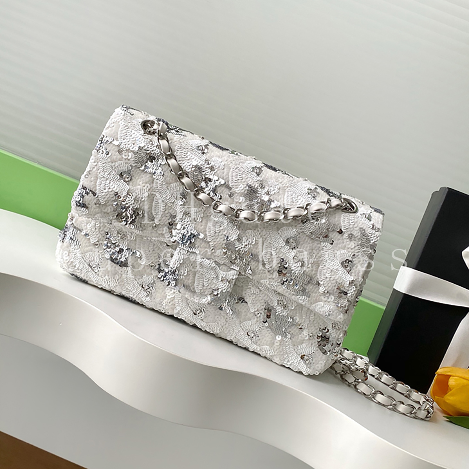 Luxury designer bag 25.5CM Flip bag Mirror quality shoulder bag sequin genuine leather Chain Bag Crossbody Evening bag with box C717