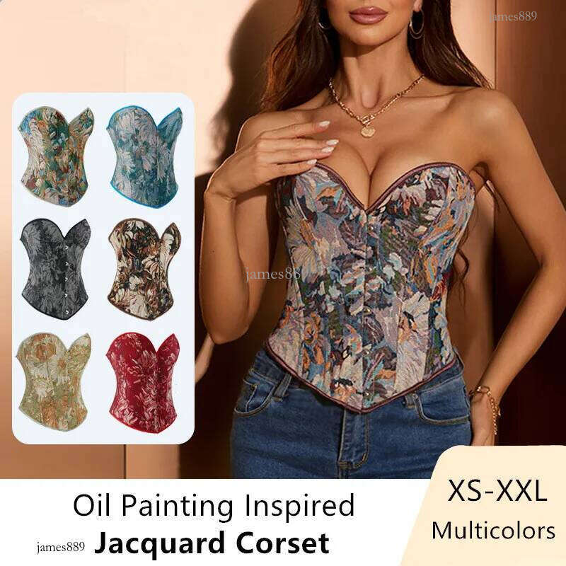 Multicolor Vintage Women's Oil Painting Inspired Renaissance Jacquard Overbust Corset XS-XXL