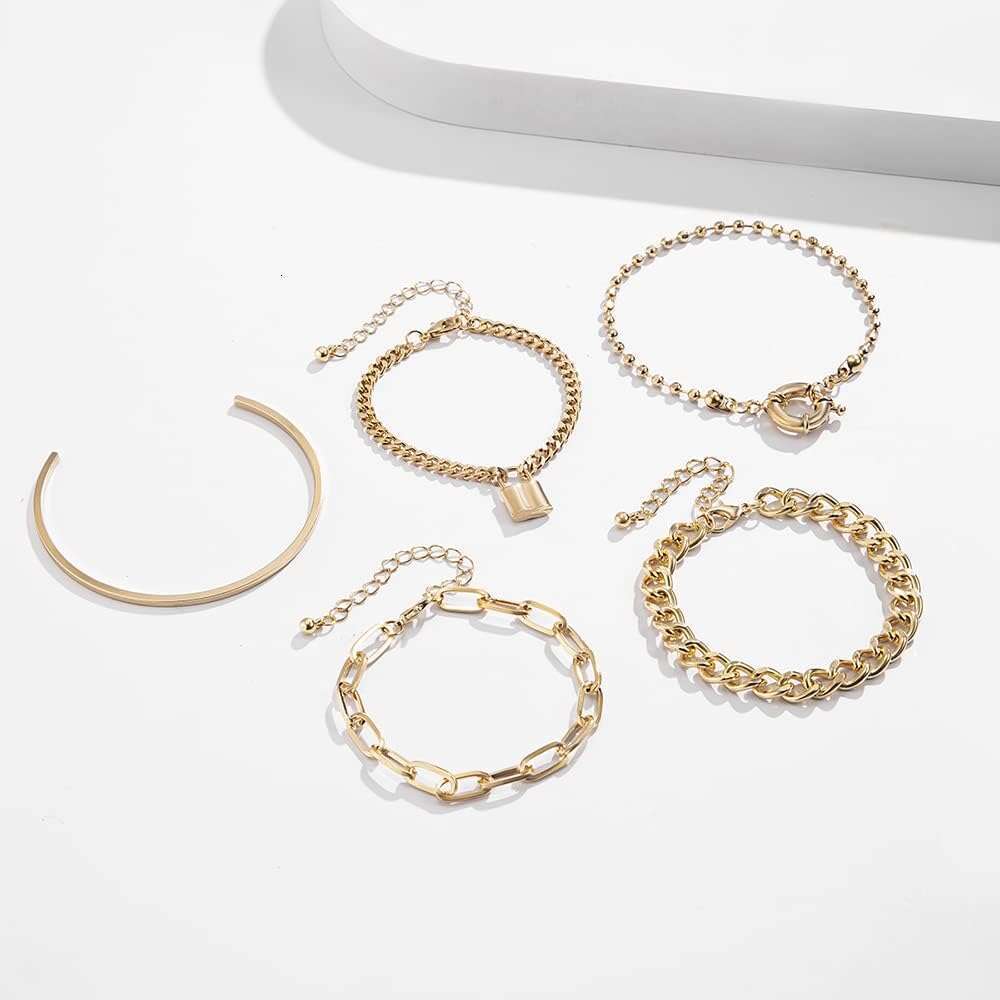 Boho 3 Fashion Dainty Gold Sier Stackable Lock Adjustable Beaded Chunky Flat Cable Chain Punk Bracelets Jewelry for Women Gift Set of 5