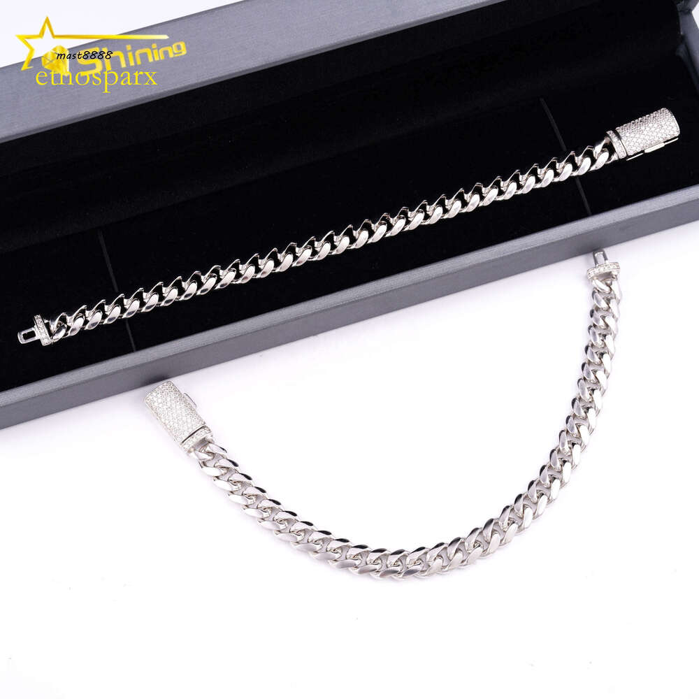 Wholesale 8MM Dia Moissanite Lock Hip Hop Sier Plain Miami Cuban Link Chain Bracelet