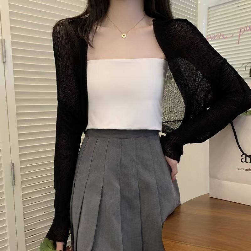 K1192 Sunscreen solid color cardigan for women in summer thin mesh outer wear short shawl with suspender skirt small waistcoat air conditioning blouse