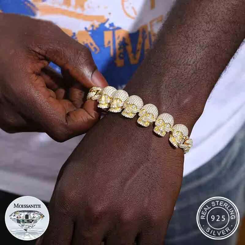New Trend Moissanite Skull Bracelet Cuban Chain VVS1 925 Sterling Silver Hip Hop Rock For Men Women Party Jewelry Christmas Gift
