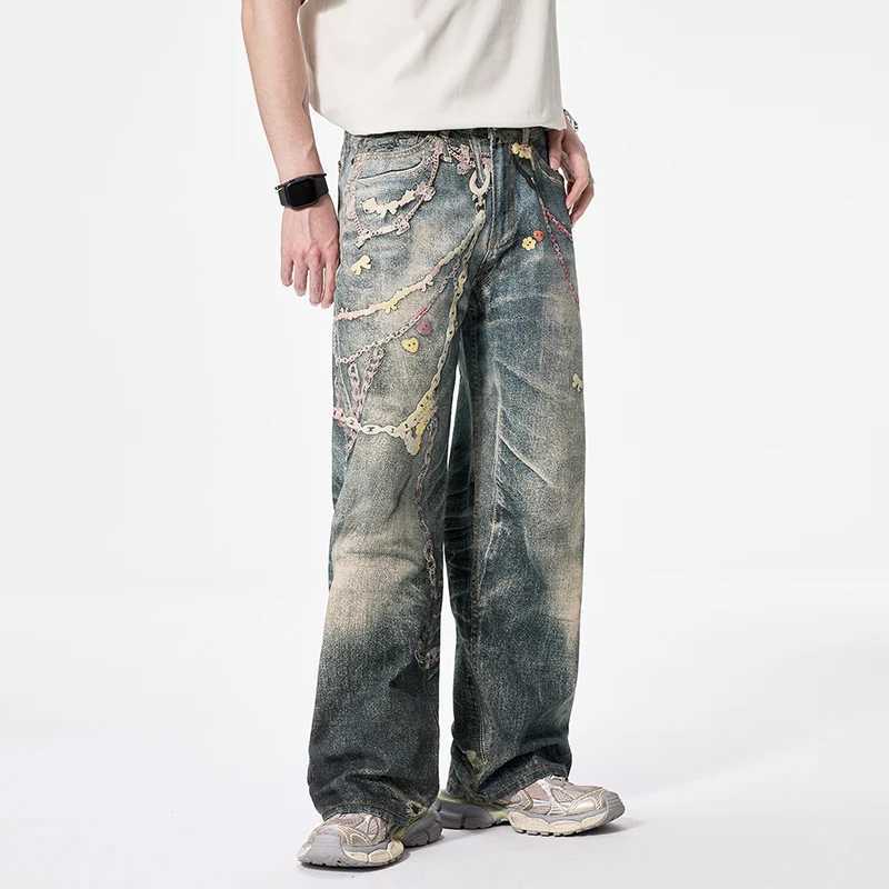 JK9673 American High Street3DDigital Printing Candy Chain Distressed Machete Jeans Mens Straight Casual Pants Trendy Couples W250701 W250701