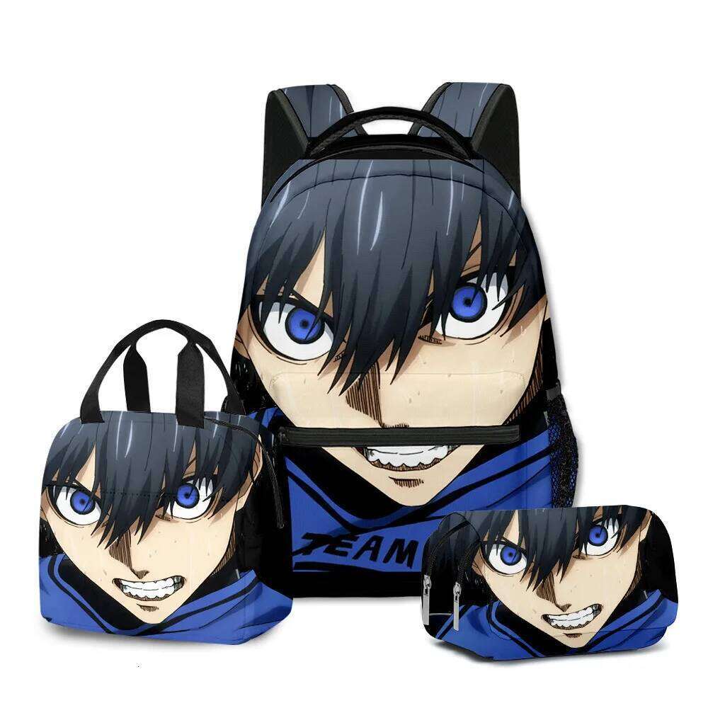 Fashion Novelty K-Pop Cool BLUE LOCK 3D Printed 3pcs/Set Student School Bags Laptop Daypack Backpack Lunch bag Pencil Case