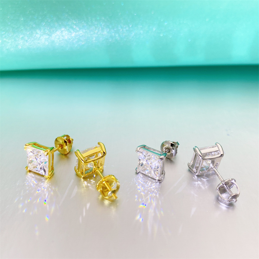 New Arrival Unisex VVS Princess Cut Moissanite 925 Sterling Silver Hip Hop Stud Earrings