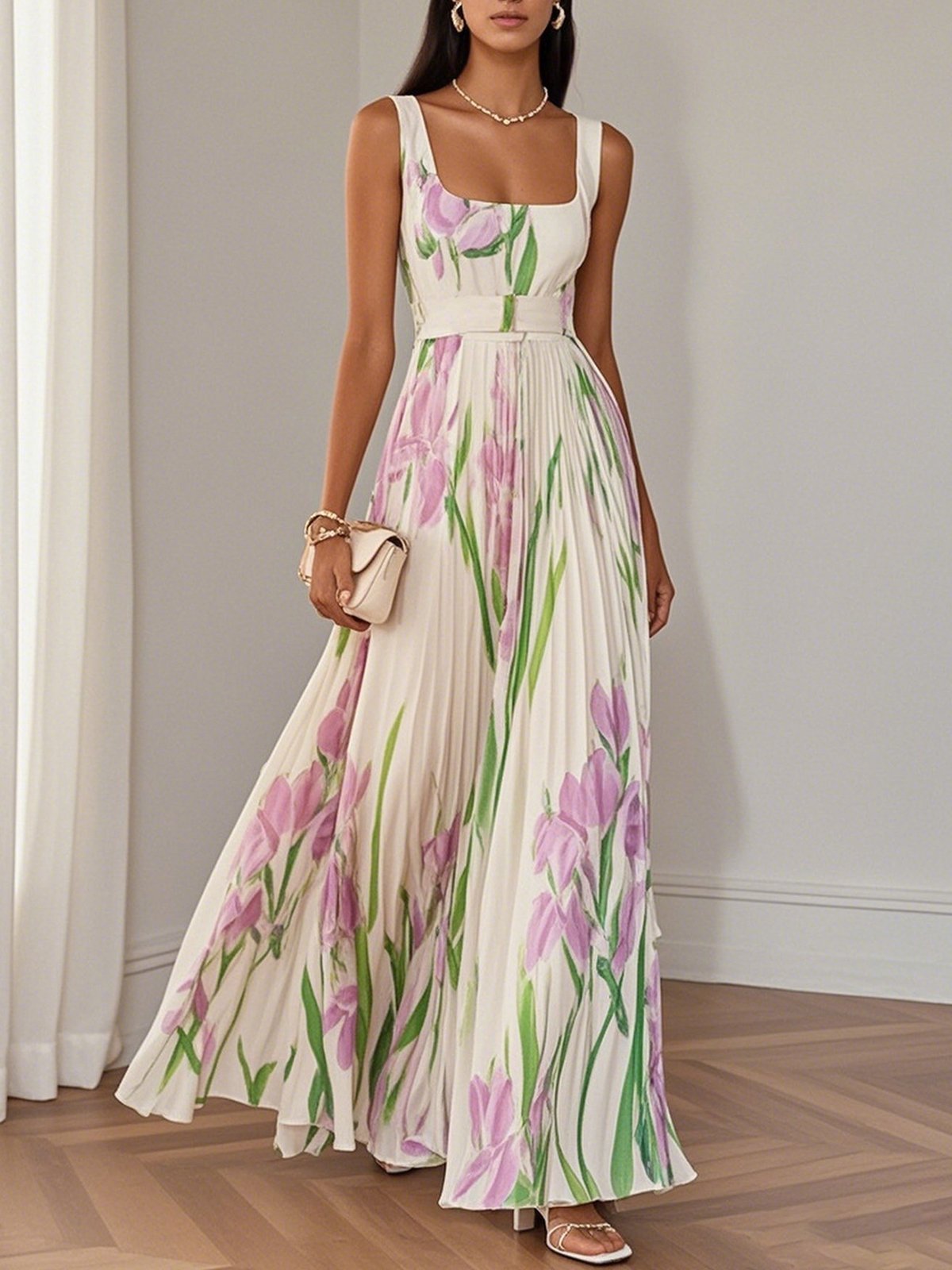 2025 European and American women's suspender digital printing pleated floral long skirt dress