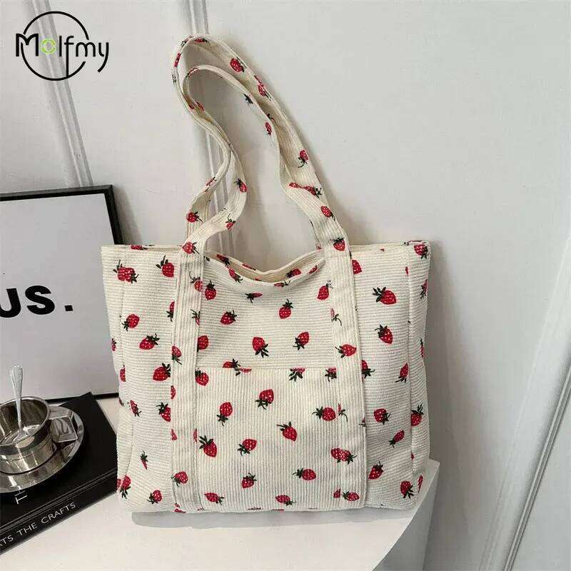 Corduroy Handbag Strawberries Beach Fashionable Versatile Shoulder LargeCapacity Simple Commuter Women's Tote Bag Bolsos