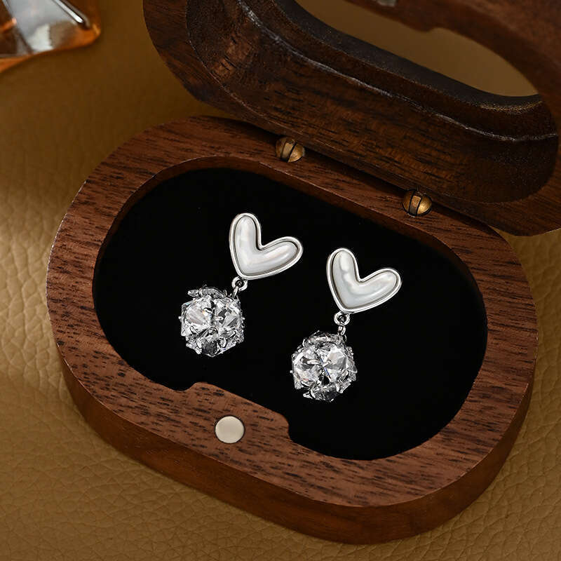 DHCollections Spring Summer Zircon Flower Stud Earrings - Korean Fashion High-End Mother-of-Pearl Heart Design - 14K Gold Plated Needle Earrings for W
