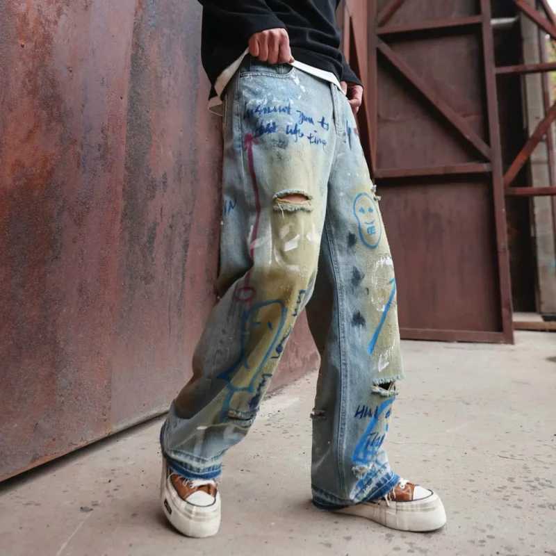 360 High Street Europe and the United States broken hole trend graffiti wide-leg jeans mens high-grade loose tide brand W250701 W250701