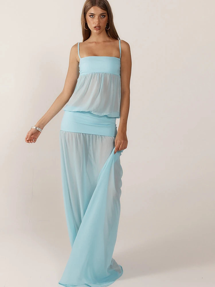 JULISSA MO Sexy See Through Hollow Out Maxi Dress For Women Blue Spaghetti Strap Evening Summer Elegant Party Clubwear 250701