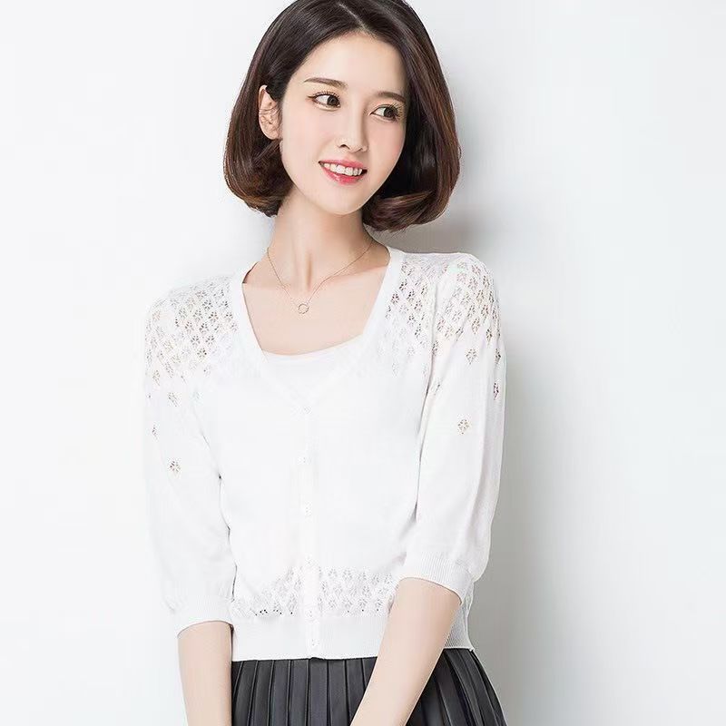 K1196 Sun protection cardigan suspenders inner wear thin knitted cardigan women's hollow Korean style short sun protection clothes all-match ice 
