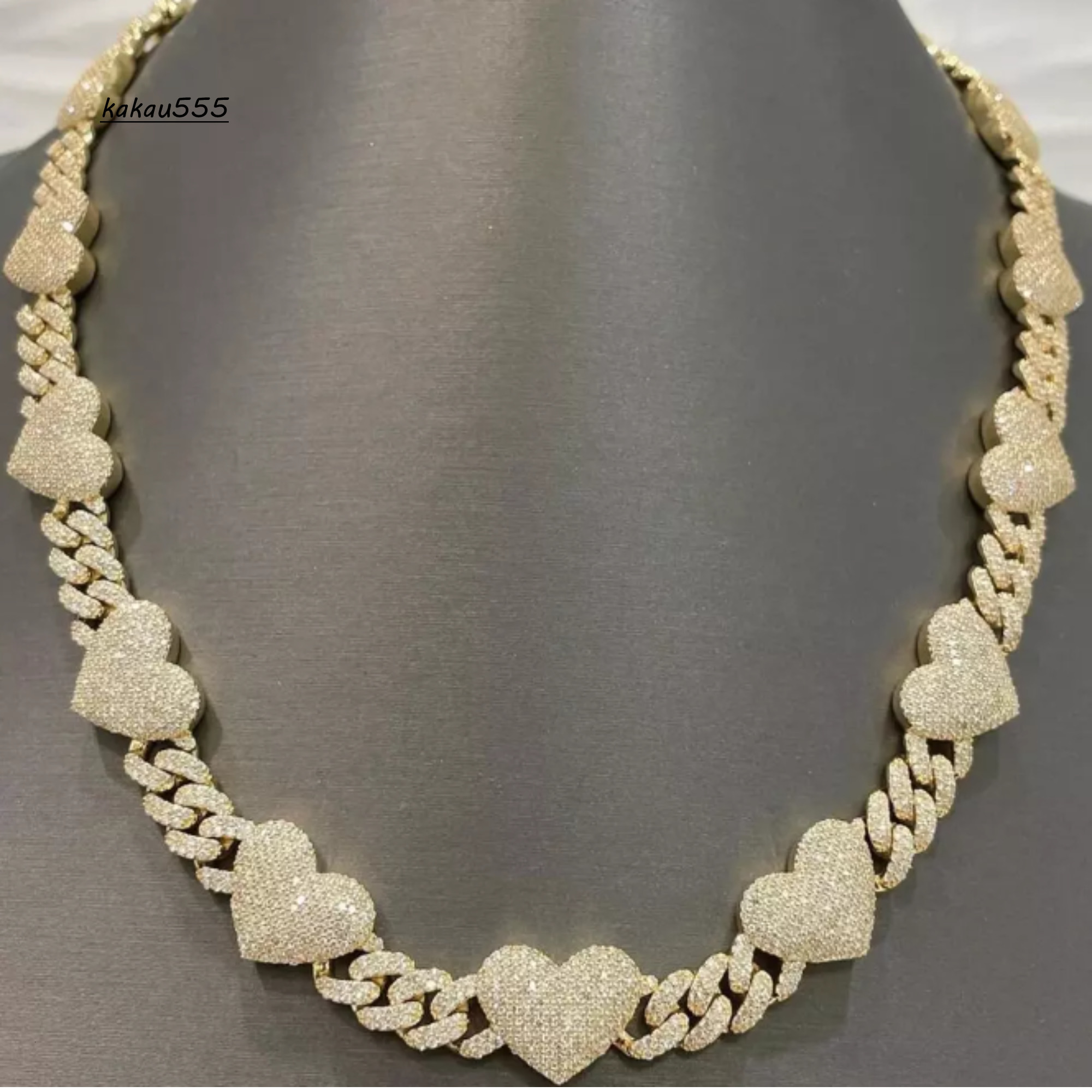 Customized 18mm Cuban Link Heart Moissanite Diamond Chain 925 Sterling Silver Yellow Gold Necklace High Quality Product