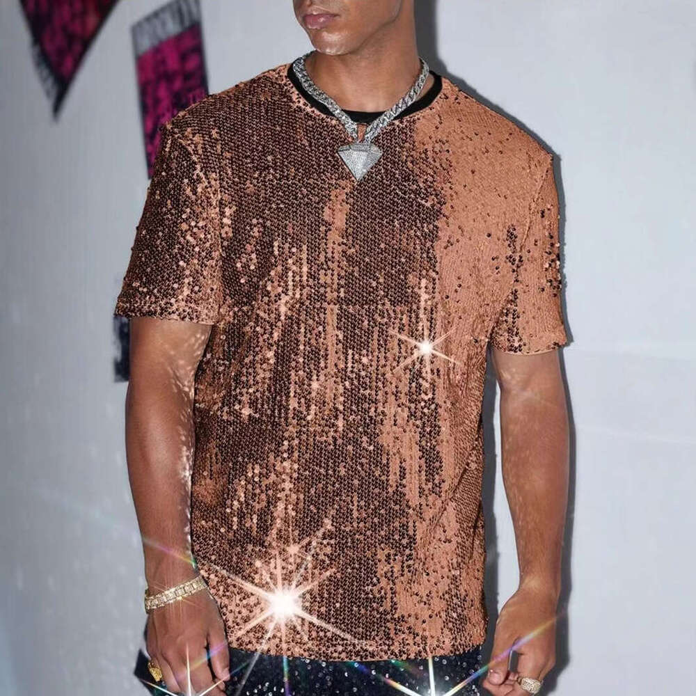 Cross-Border Summer New Sequin Short men dress shirt up shirts Sleeve T-Shirt Men's European And American Performance Costume Shiny Singer Outfit