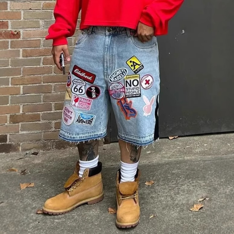 Men's Shorts Jeans Men Women Hip Hop Cartoon Graphics Streetwear Retro Patchwork Denim Short Blue Loose Fitness Casual