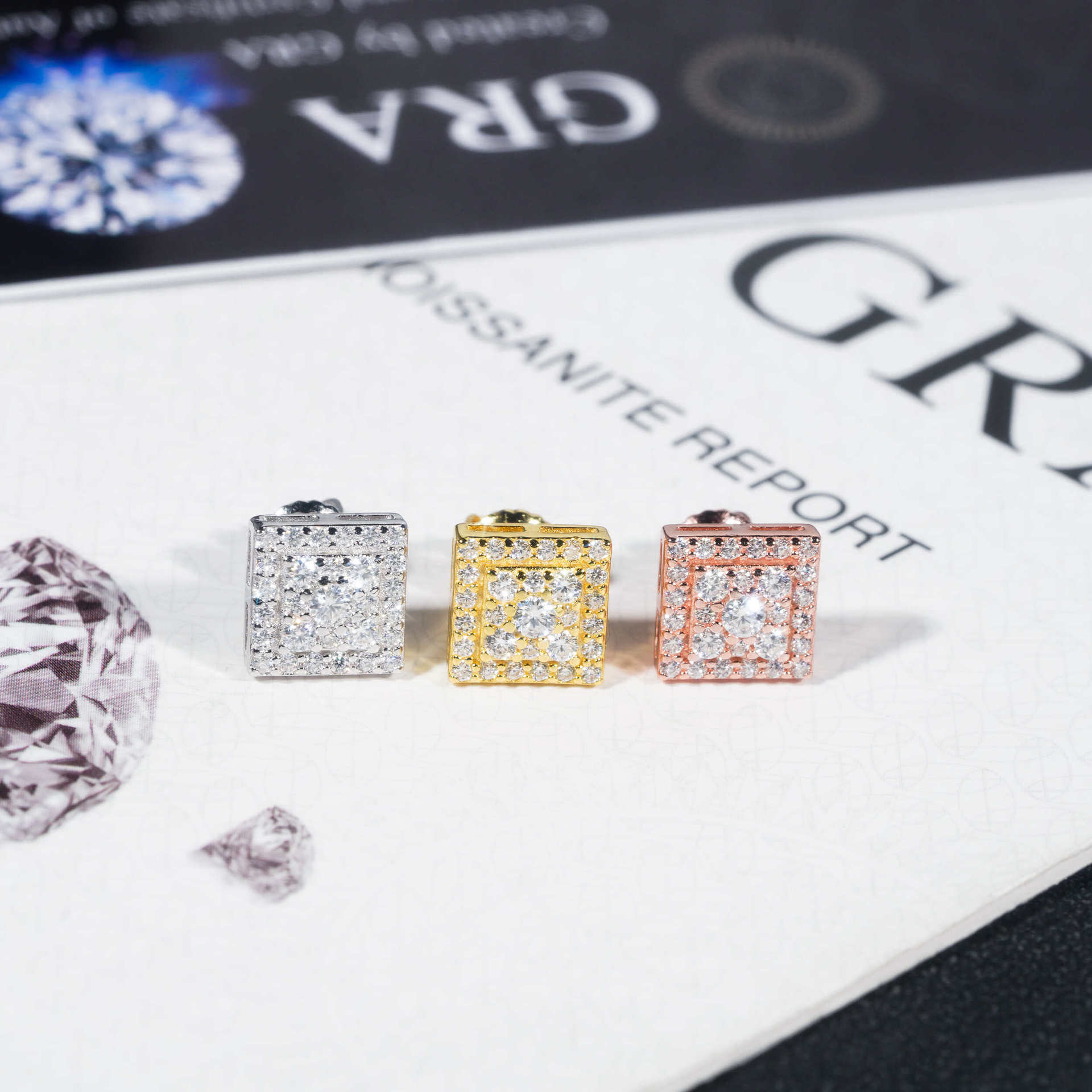 Fashion Hip Hop Jewelry 8MM Square Shape Stud Earrings 925 Silver Moissanite Diamond Earring Studs for Men Women