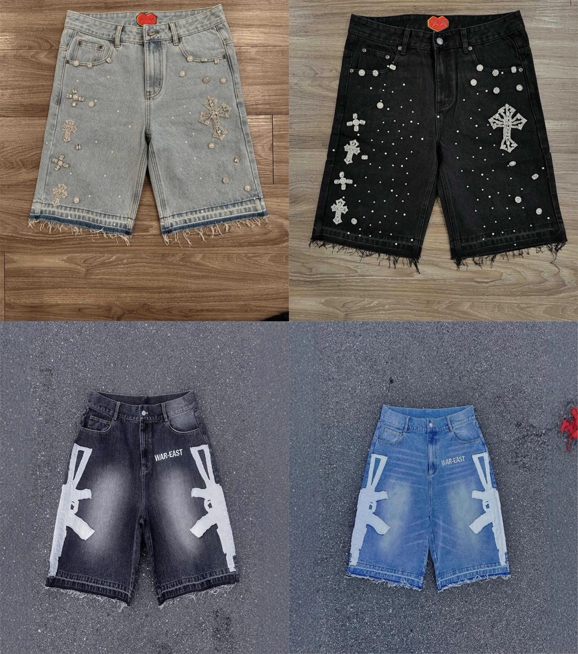 Y2k Retro Washed Brown Gothic Denim Shorts Fashion Klein Diamond All Embroidery Men Women Clothing Jorts Baggy Streetwear Shorts S-2XL
