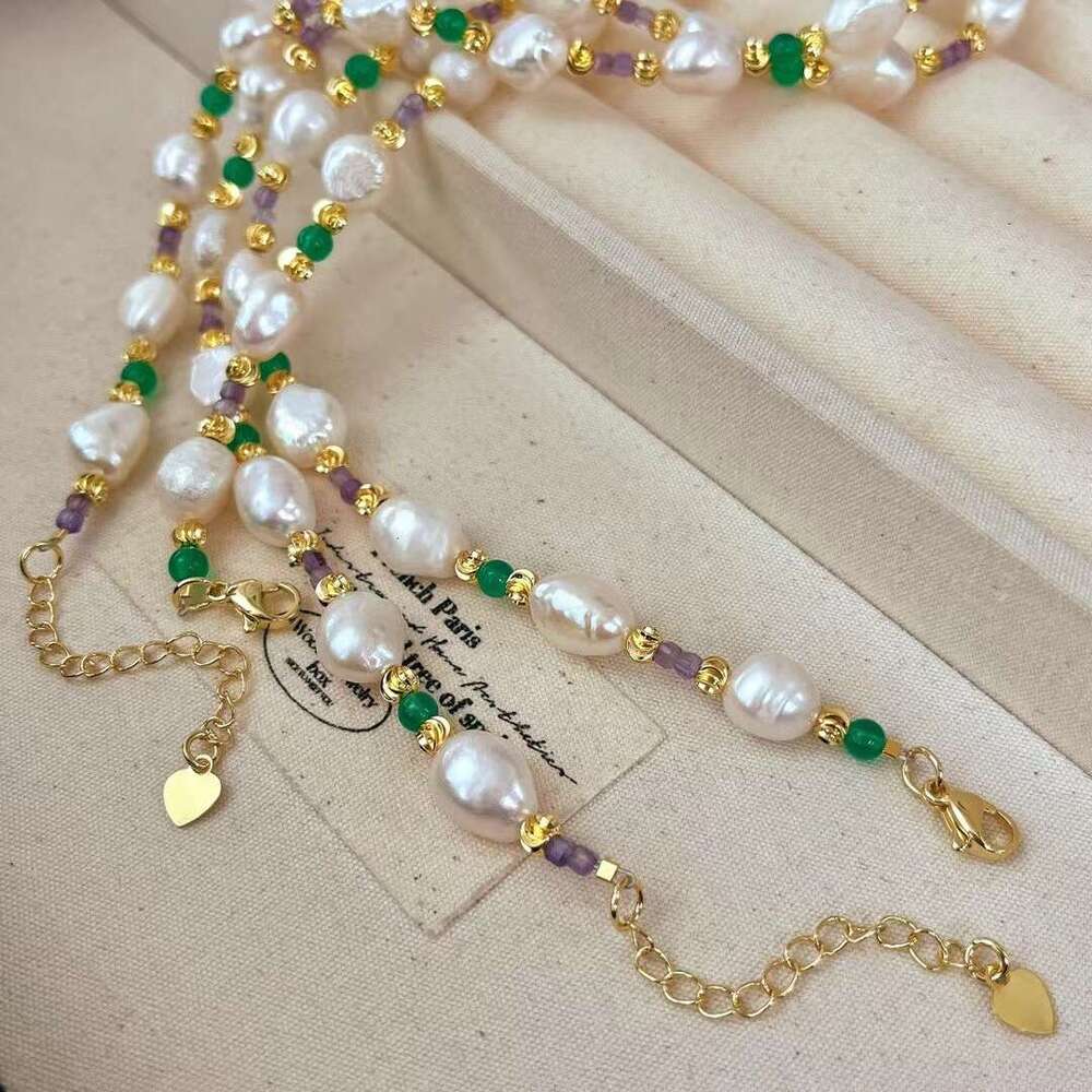 DHCollections Oriental Vintage Freshwater Pearl & Jade Crystal Beaded Necklace for Women & Girls