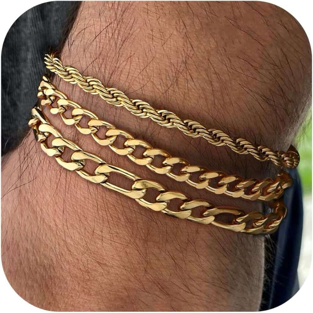 3Pcs Chain Bracelets 3 Men, 316L Stainless Steel Figaro Rope Cuban Link Bracelet Men Women 14K Gold/Sier, Gifts for Dad Husband 6.5/7/7.5/8.3/9 Inches , Gold/Sier,
