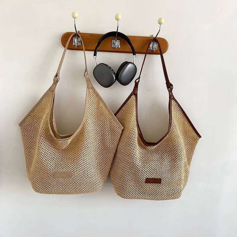 Woven Straw Shoulder Bag Summer Designer Bags Hollow Out Fashion Beach Bucket Handbag Bolso Marca Lujo 2025