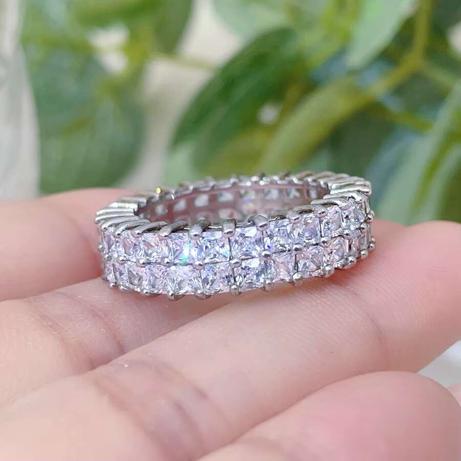 BIG Jewelry 925 Sterling Silver Double Layer Non Tarnish Inlay Dainty Pave Rings Sparkle 5A Cubic Zirconia Ring for Women