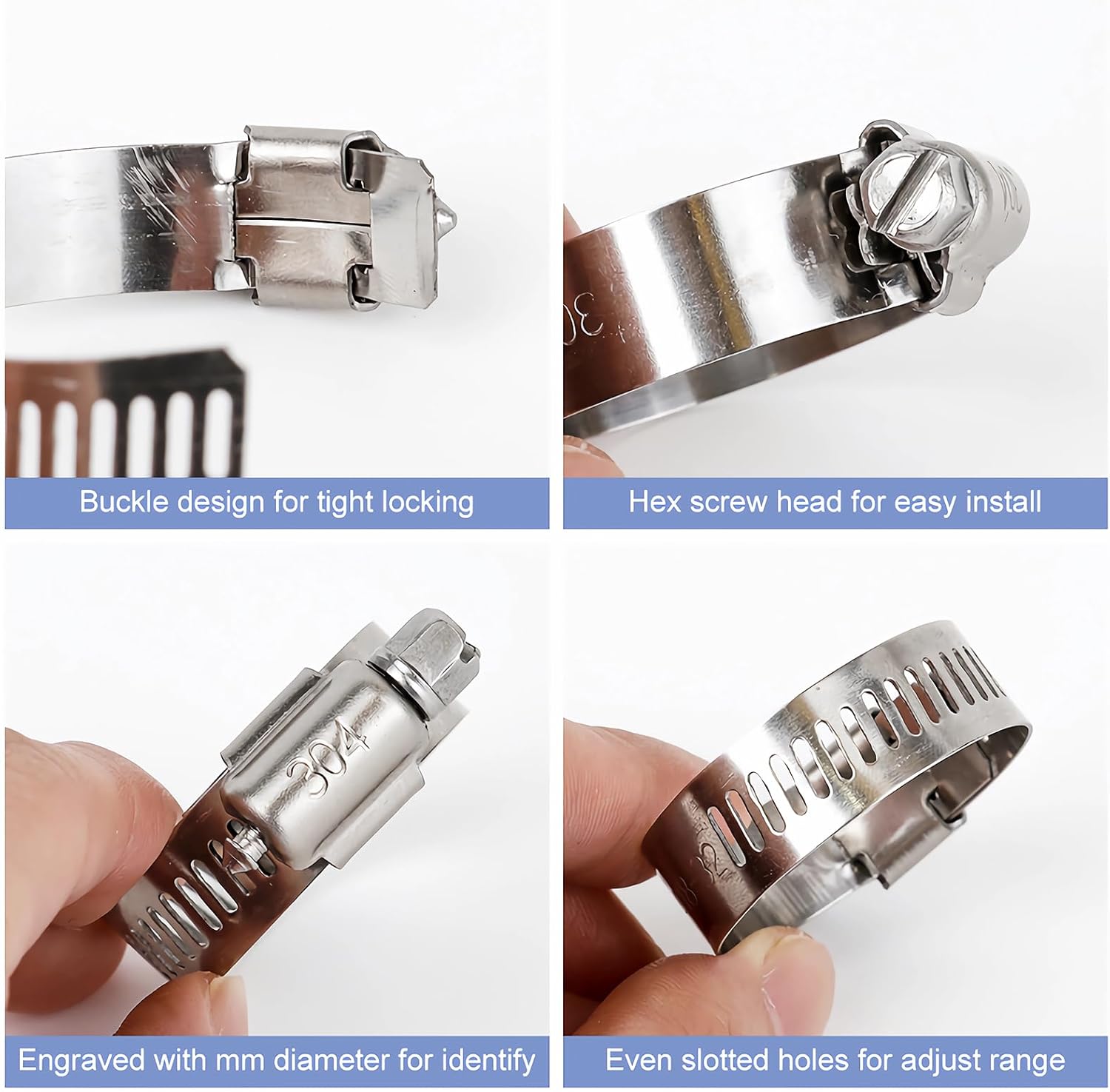 Hose Clamps 185PCS Assortment Kit, 304 Stainless Steel, Radiator Hose Clamps, Multi-size Adjustable Range 1/4-2in(6-51mm) with 2pcs Socket Wrench for 