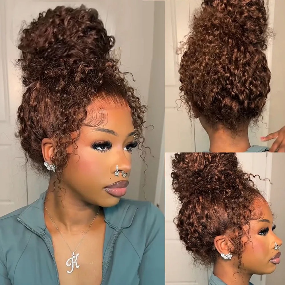 Deep Curly Human hair Wigs Chocolate Brown 13x4 Hd Lace Frontal Wig Colored Water Wave Lace Front Wig For Women 30 34 Inch Synthetic Wig