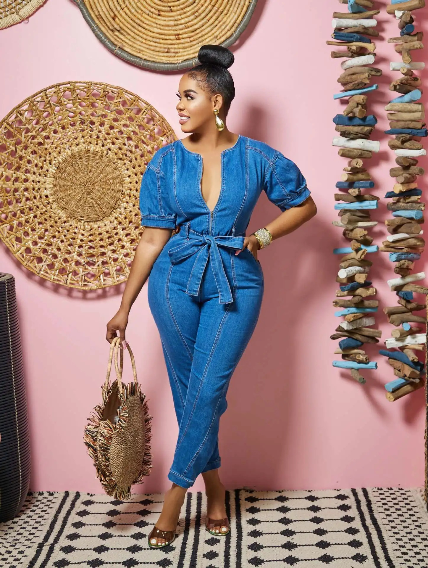 Denim Stretch Jumpsuit Sexy Women Vneck Elegant Jeans Casual Party Overalls Romper 250625