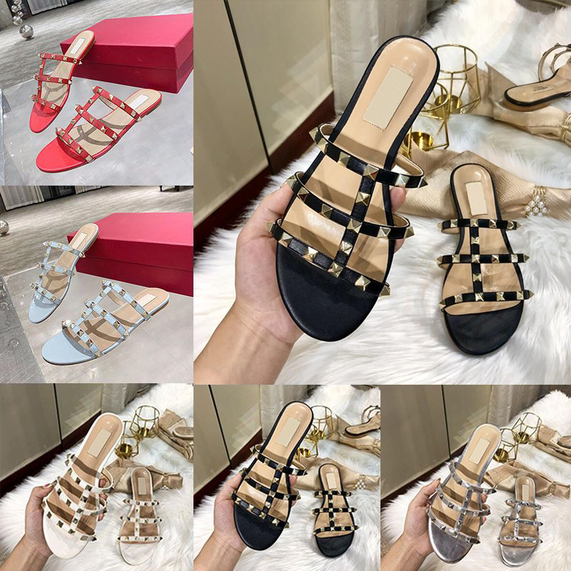 Womens Slippers Designer Summer Sandals Flat Slides Rivets Sliders Scuffs Room Outdoor Beach Fashion Leather Mule Sandale Dress Casual Shoes 35-42
