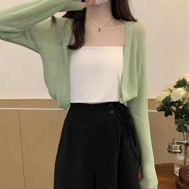 K1192 Sunscreen solid color cardigan for women in summer thin mesh outer wear short shawl with suspender skirt small waistcoat air conditioning blouse