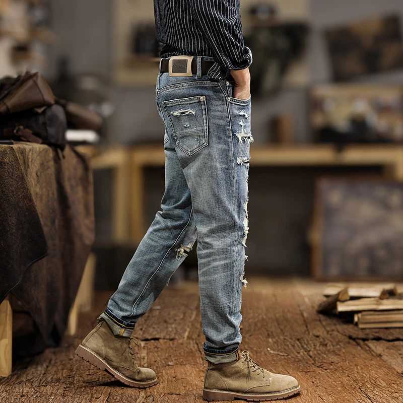 JX NS29 broken hole jeans mens American gangster handsome Slim small leg trousers do old casual trousers only high quality W250701 W250701