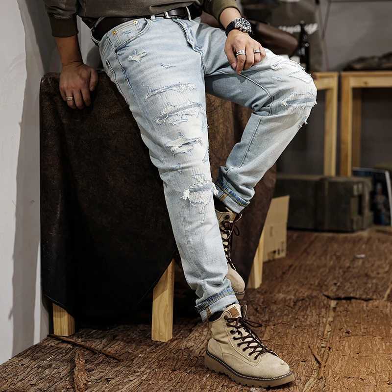 Jns28 American Tide Light-Colored Broken Hole Jeans Mens New Slim Small Leg Trousers Elastic Grinding White Trousers High-End W250701 W250701