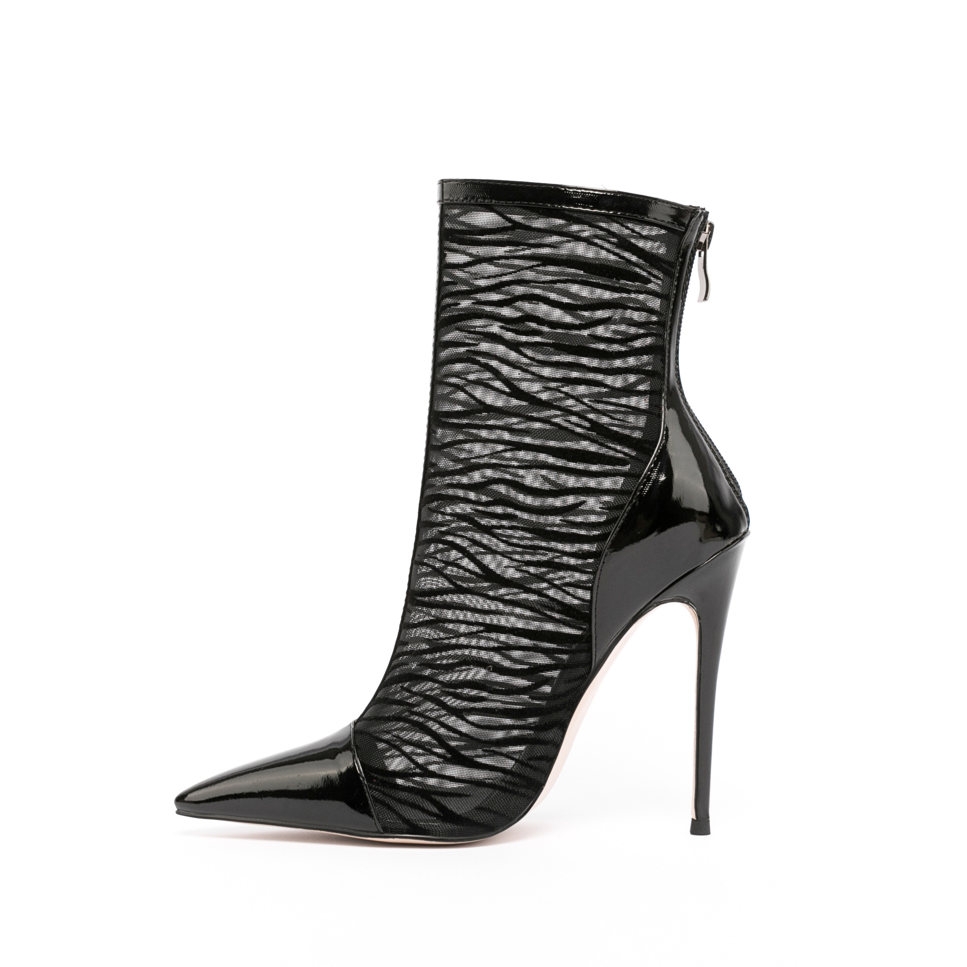 Women's Sheer Mesh and Lace Ankle Boots - Pointed Toe Color-Block Stiletto Heel Peep-Toe Booties, Back Zipper, Cut-Out Design