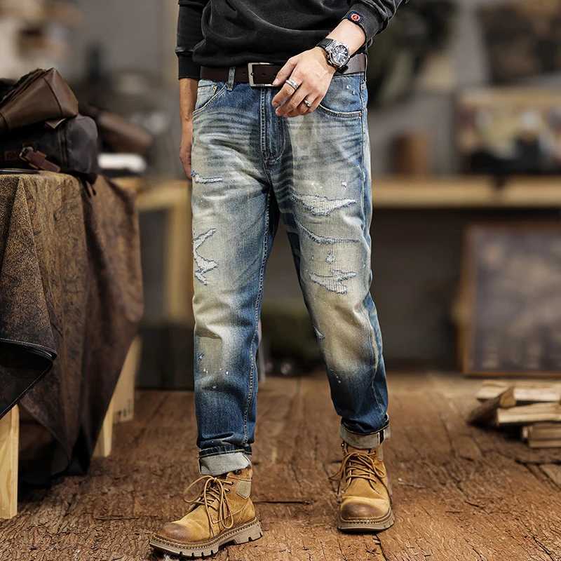 JXN0 High-end red ear denim ripped jeans mens new Slim straight stretch tapered small feet trousers W250701 W250701