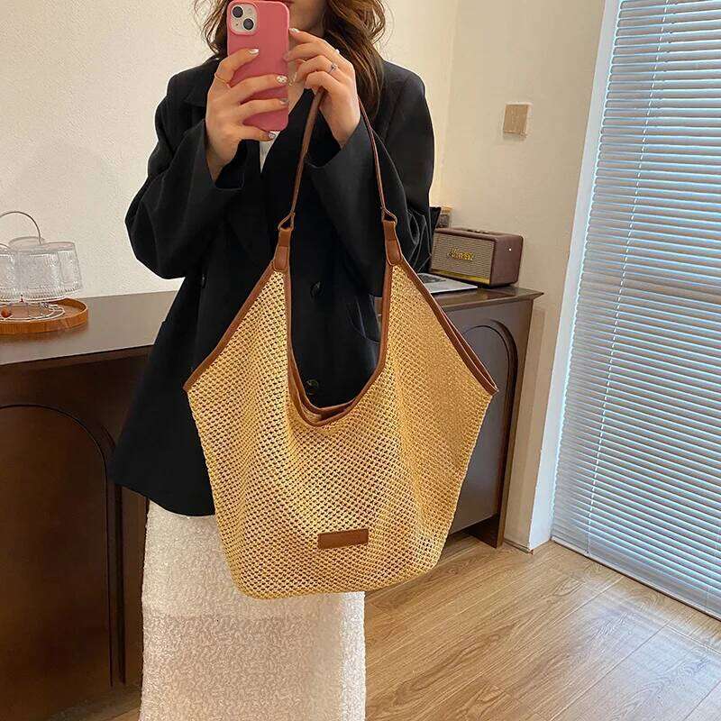 Woven Straw Shoulder Bag Summer Designer Bags Hollow Out Fashion Beach Bucket Handbag Bolso Marca Lujo 2025