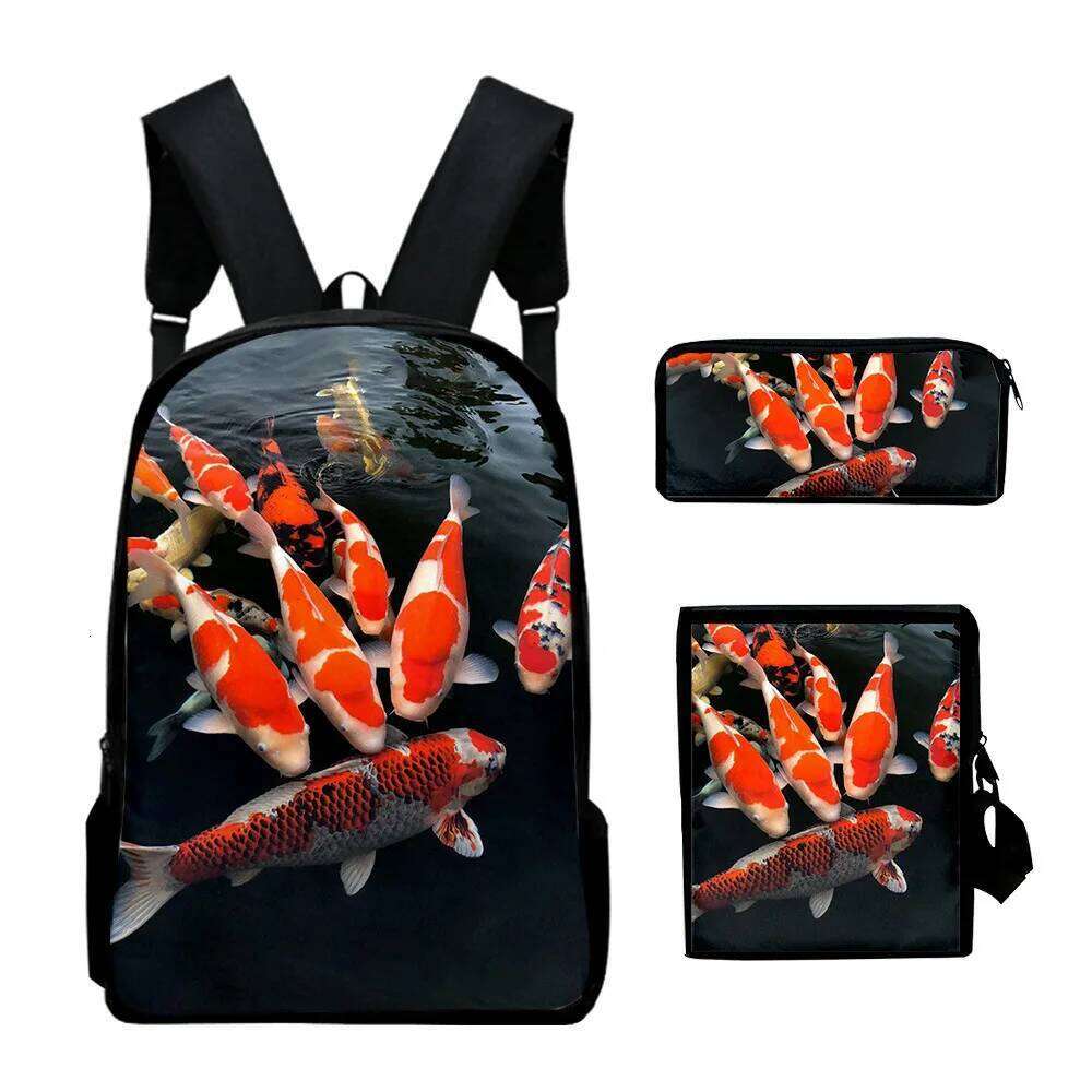 Fashion Novelty Cool Koi carp 3D Print 3pcs/Set pupil School Bags Laptop Daypack Backpack Inclined shoulder bag Pencil Case
