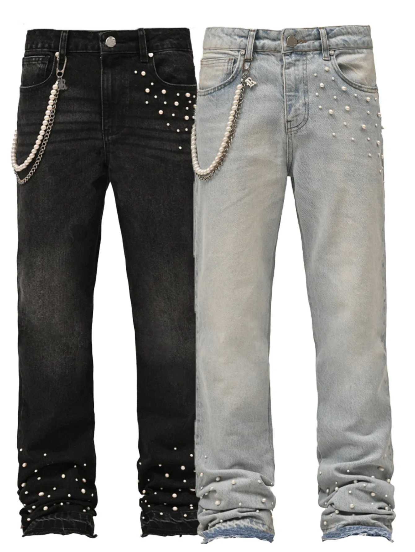 2025 New mens denim European and American street fashion Instagram hot item elastic stacked denim straight leg pants W250701 W250701