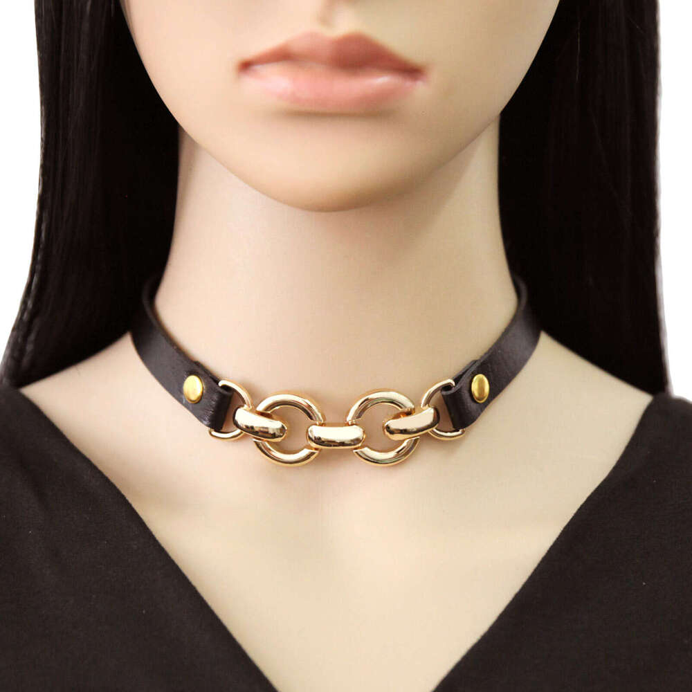 DHCollections Adjustable PU Leather Punk Choker Necklace with Bold Gold Metal Rings Gothic Statement Collar for Women and Men