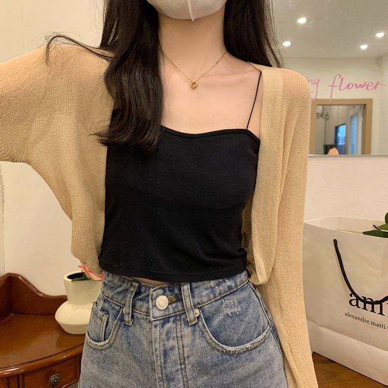 K1192 Sunscreen solid color cardigan for women in summer thin mesh outer wear short shawl with suspender skirt small waistcoat air conditioning blouse