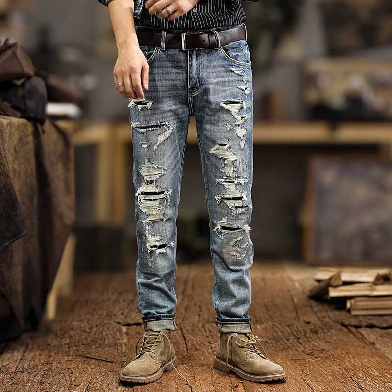 JX NS29 broken hole jeans mens American gangster handsome Slim small leg trousers do old casual trousers only high quality W250701 W250701