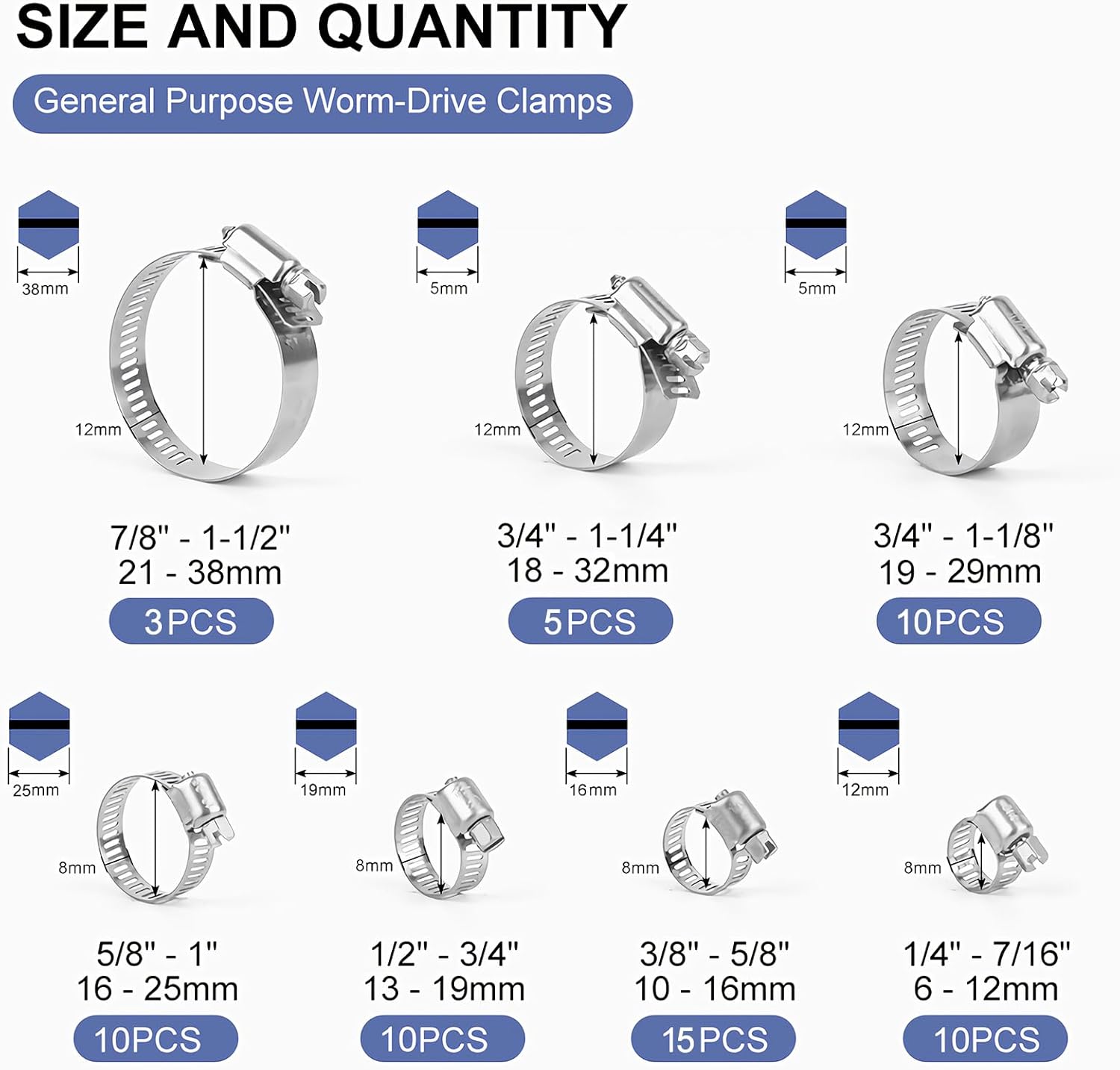 Hose Clamps 65PCS assortment, 304 Stainless Steel, Radiator Hose Clamps, Multi-size Adjustable Range 1/4-1-1/2in(6-38mm) with 2pcs Socket Wrench