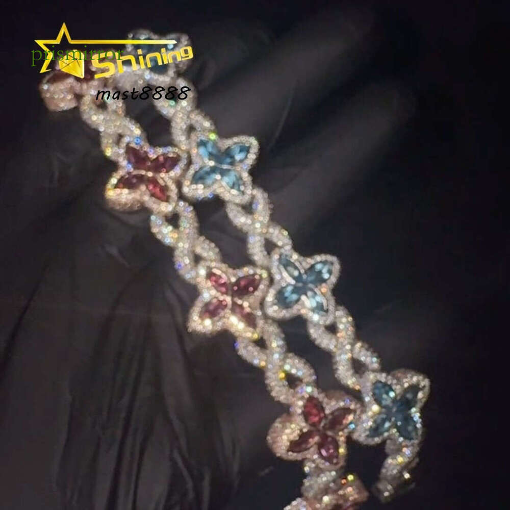 Hot Sale Popular Shining Hip Hop Sier Pink Blue Marquise Infinity Cuban Link Moissanite Bracelet