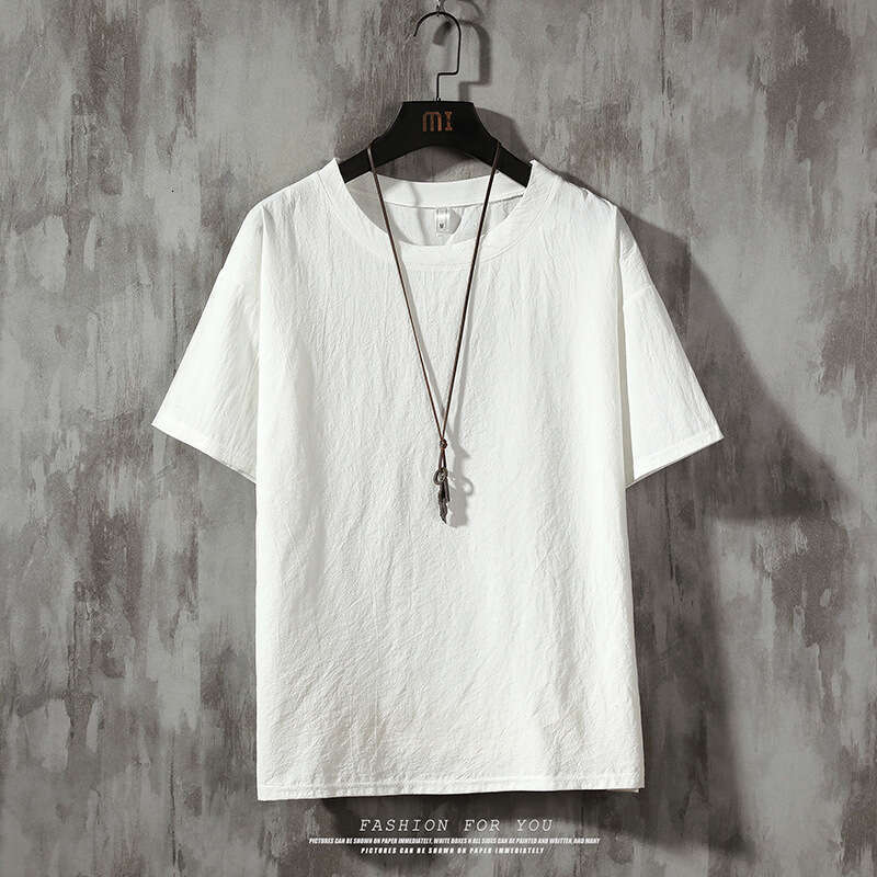 Men's men dress shirt up shirts Summer New Multi-Color Japanese Style Plus Size Loose Cotton Linen Solid Color T-Shirt Men's Casual Round Ne