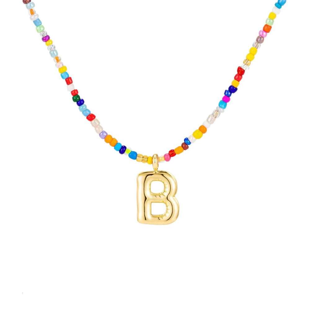New Dopamine 26 Fat Letter Pendant Bohemian Style Imitation Pearl Colorful Natural Stone Beaded Necklace Fashion Trend