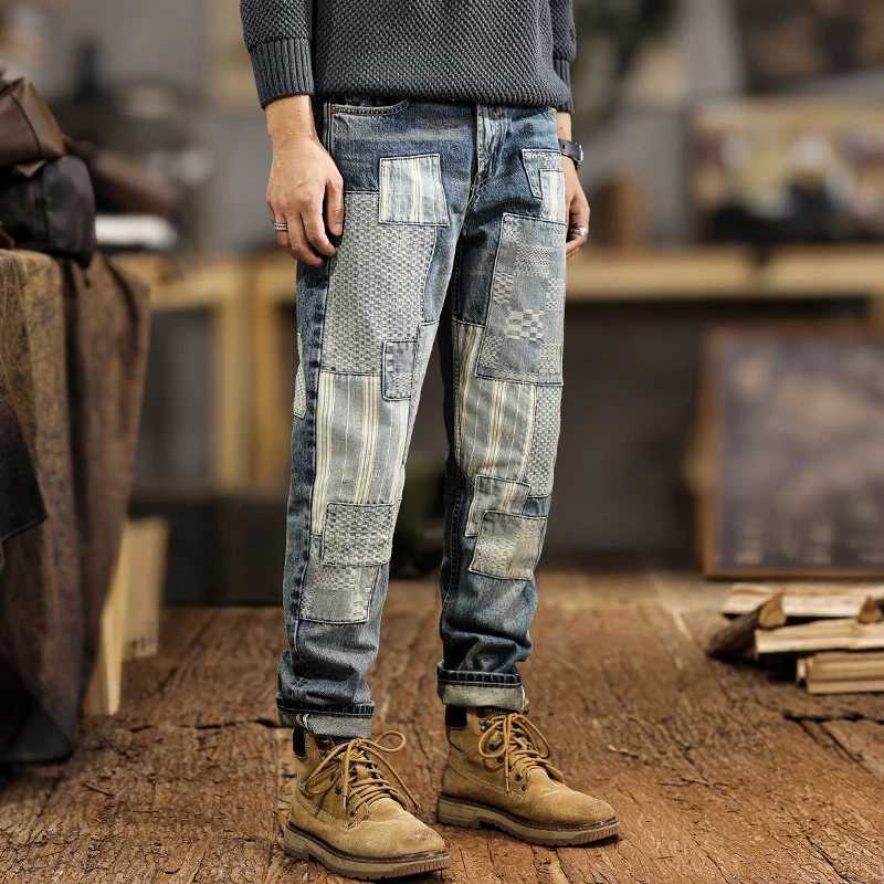 JXNH23 American Gangster splicing patch mens jeans spring tide Slim straight trousers washed vintage colour W250701 W250701