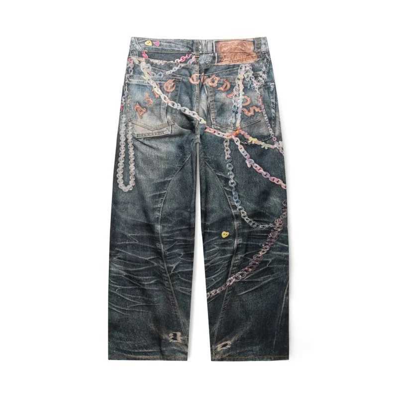 JK9673 American High Street3DDigital Printing Candy Chain Distressed Machete Jeans Mens Straight Casual Pants Trendy Couples W250701 W250701