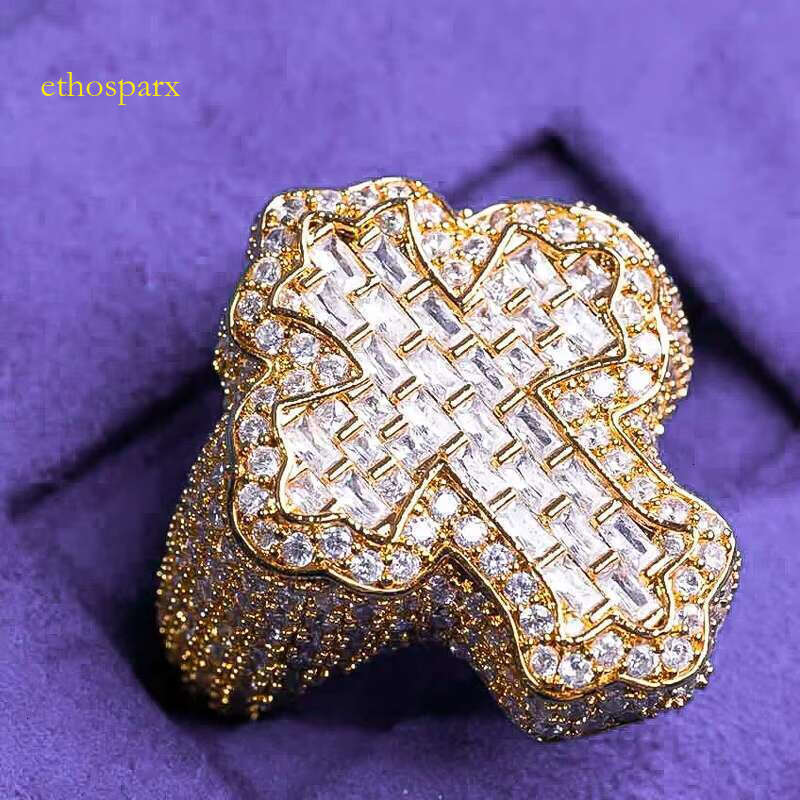 Gela hip-hop chilled pure silver diamond tester VVS moissanite hibiscus French long stick cross ring