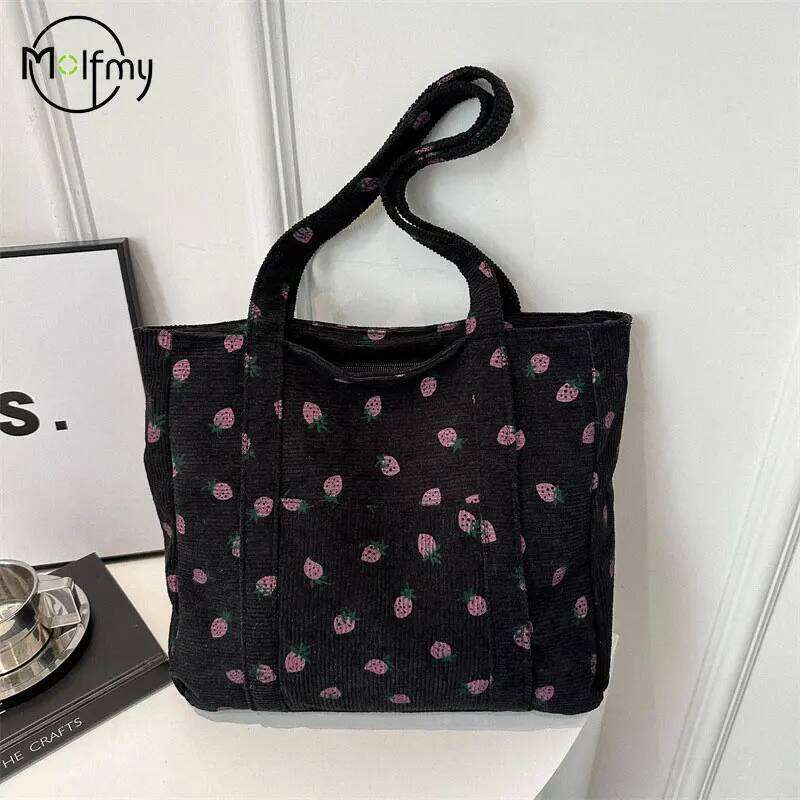 Corduroy Handbag Strawberries Beach Fashionable Versatile Shoulder LargeCapacity Simple Commuter Women's Tote Bag Bolsos