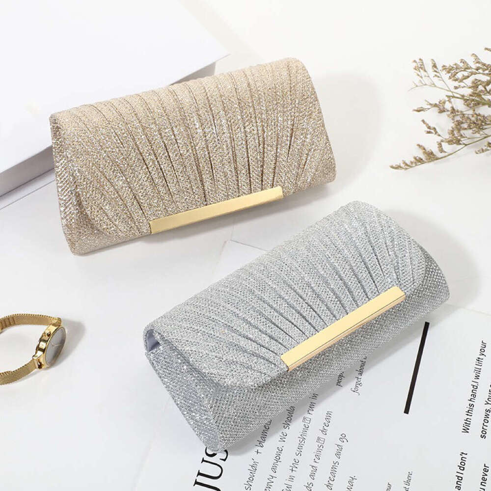 Shiny Pleated Women's Handheld Evening Clutch Bag with Detachable Shoulder Strap