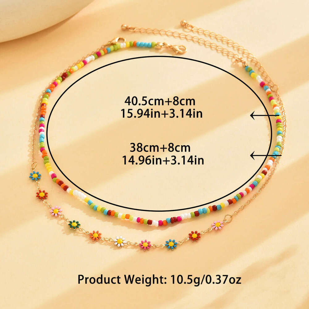 New Bohemian Vacation Style Versatile Double Layer Stacked Colorful Seed Bead Dopamine Oil Drop Flower Necklace For Women